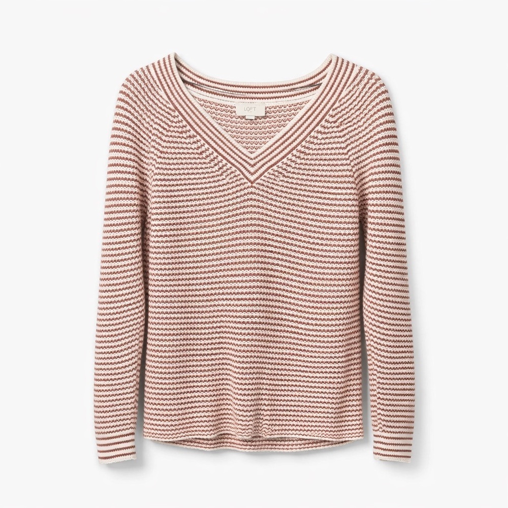 LOFT V-Neck 100% Cotton Knit Sweater w/ Burnt Orange and White Stripes